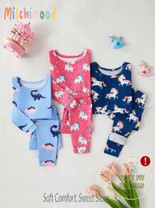 3pcs Set Young Girl Cartoon Print Snug Fit Crew Neck Long Sleeve Top And Pants Pajamas Set