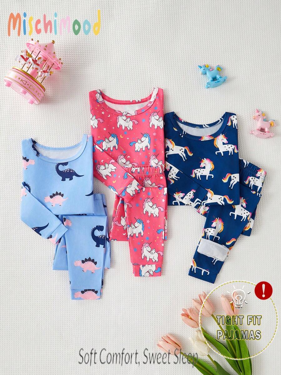 3pcs Set Young Girl Cartoon Print Snug Fit Crew Neck Long Sleeve Top And Pants Pajamas Set