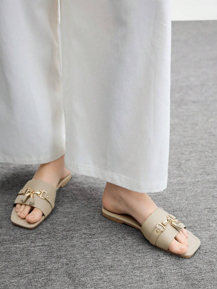 CUCCOO BIZCHIC Women's Black PU Flat Slide Sandals With Strap, Square Toe, Casual Beach Style