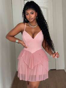 Maweii Sexy Elegant Mesh Patchwork Criss-Cross Spaghetti Strap V-Neck Plus Size Pink Romper - Pink - View 3