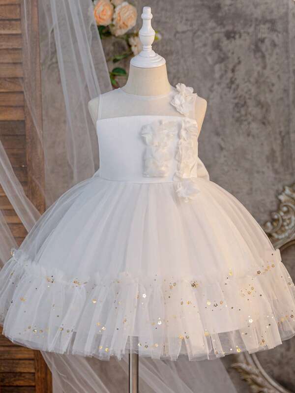 SHEIN Glamorique Kids Flower Girl Dress, Wedding Party Princess Dress With 3D Floral & Glitter, For Communion/Christening Young Girls Dresses White Princess Dress Young Girls Partywear Party Dresses For Kids