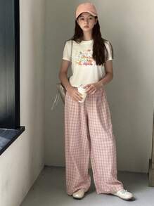 DAZY 2pcs/Set Youth Knit Graphic Print Short Sleeve T-Shirt + Plaid Pants, Spring/Summer - White - View 8