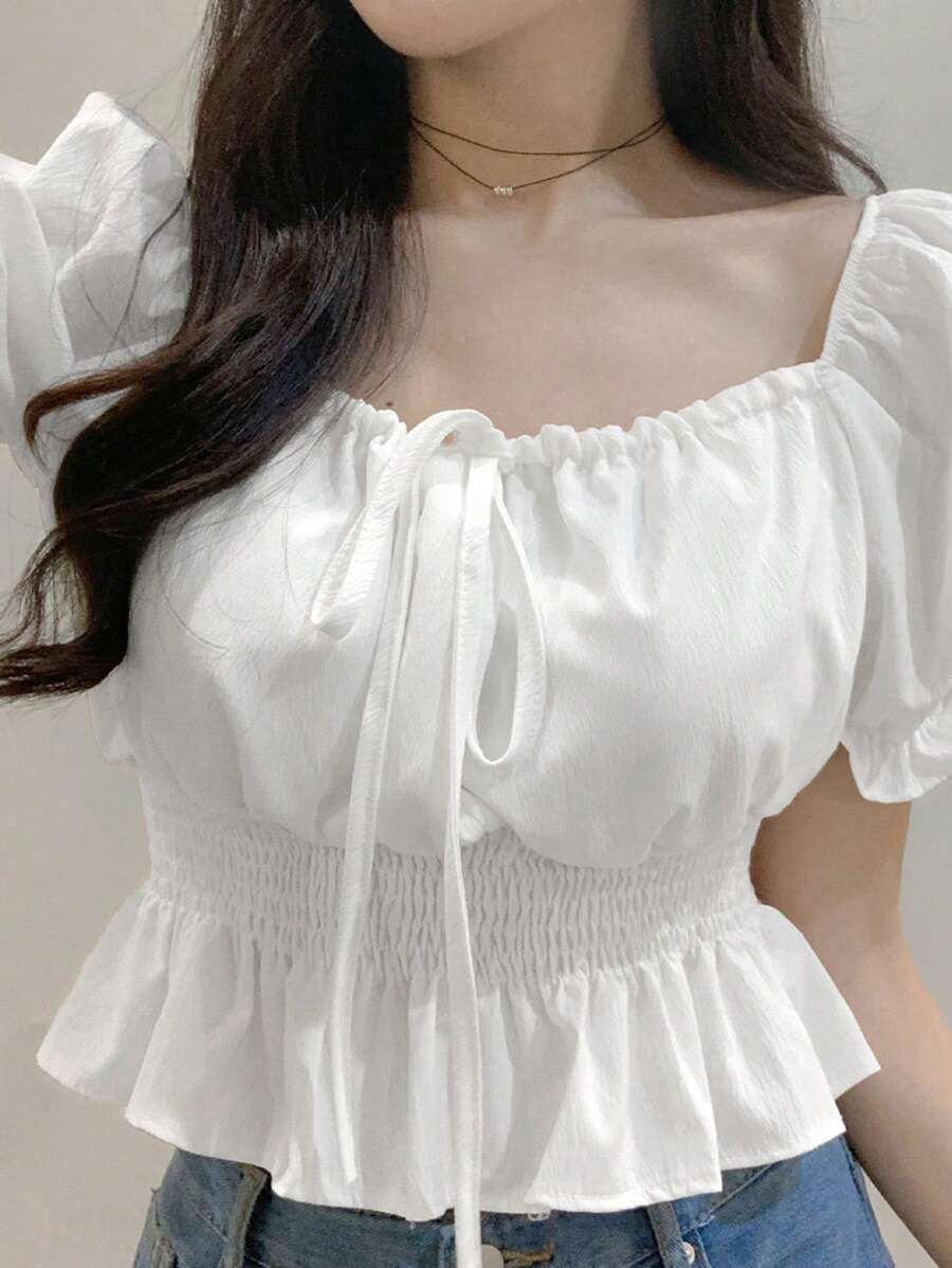 DAZY 短款收腰泡泡袖女式衬衫，娃娃装上衣 - 白色 - 查看 1