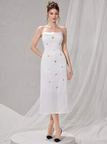 Poshira Plus Size Rhinestoned Ball Gown Dress - White - View 5