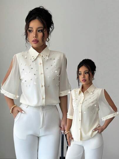 Rafferiza Blusa de mujer con cuello vuelto, manga corta y volantes, con patchwork de gasa y cuentas