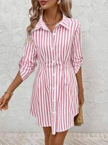 SHEIN Clasi Vestido de camisa corto con cuello de camisa elegante y a rayas de moda para mujer, vestido para el Día de la Madre para uso casual, de oficina y de viaje. Nuevo vestido de camisa a cuadros de moda para ir al trabajo, salir, citas. Vestidos de verano 2025 para mujeres, vestidos de graduación, ropa de verano para mujeres, vestidos cortos de verano para el trabajo y el verano. - Multicolor - Ver 6