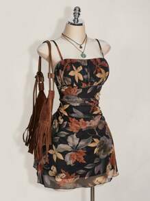 SHEIN ICON Vestido de tamaño talla grande grande para mujer con estampado vintage de hojas de arce con volantes, apto para vacaciones o vuelta al colegio, adecuado para verano