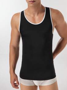 Men's Contrast Trim Muscle Fit Tank Top - Black - View 3