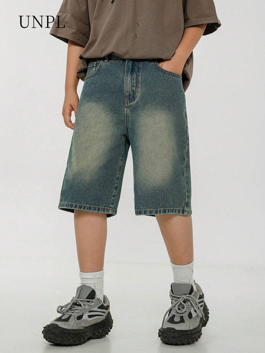 SHEIN Explorewe Tween Boys Distressed Denim Shorts, Casual Streetwear Fashion Loose Fit Urban Cool Hippy Summer Retro Vintage Wash Elastic Waist, School, Campus, College Summer Holiday