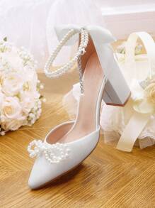CUCCOO HITCHD 女士仿珍珠蝴蝶结尖头粗跟高跟鞋，优雅甜美白色缎面新娘高跟鞋，圣诞节婚礼派对新娘鞋 - 白色 - 查看 5