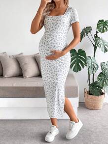 SHEIN Maternity Vacation Casual Mini Ditsy Floral Side Split Midi Dress - Blue and White - View 5