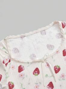 ROMWE Kawaii 春季休闲森系少女碎花弹力紧身蝴蝶结T恤女款 - 杏色 - 查看 4