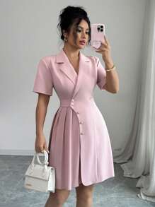 Elenzga 女士粉色优雅V领腰带独特设计褶皱短裙 - 粉色 - 查看 3