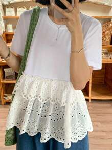 FRIFUL 女士圆领缝线下摆分层刺绣宽松休闲百搭T恤，假日 - 白色 - 查看 4