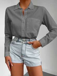 SHEIN Cottnline 100%Cotton Solid Button Front Pocket Patched Shirt - Grey - View 5