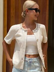 Livesso 女士波西米亚风吊带圆领短袖薄款西装外套亚麻商务装 - 白色 - 查看 1