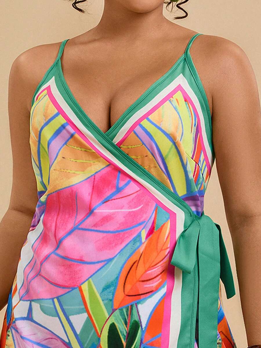 Travachic Plus Size Allover Print Cross Wrap Knotted Cami Dress Women Plus Sun Dress Women Short Dresses Summer Tropical Dresses For Women,Sun Dresses For Women - Multicolor - View 1