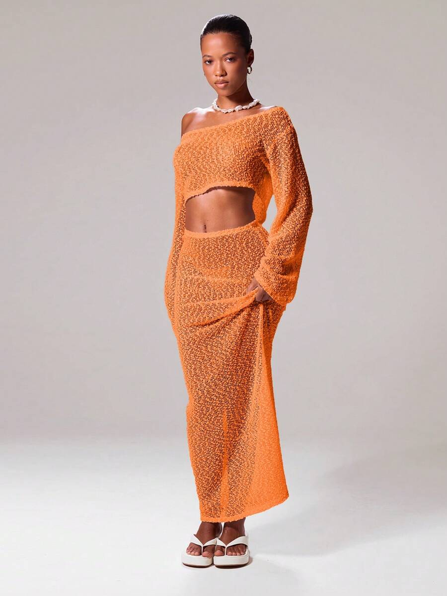 Musera Resort 抽绳纹理针织低腰直筒超长裙罩衫仅限伊比沙岛性感度假春夏沙滩装浪漫优雅生日 - 橘色 - 查看 1