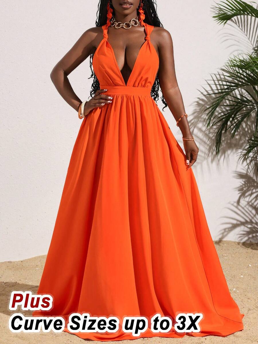Slaydiva Vestido largo con cuello en V profundo, espalda descubierta y cruzado en la espalda, de color naranja sólido, talla grande, para mujeres. Vestido largo de verano, conjunto de vestidos de verano para mujeres, vestidos de vacaciones, ropa de resort para vacaciones, vestidos de verano para mujeres. - Naranja - Ver 1