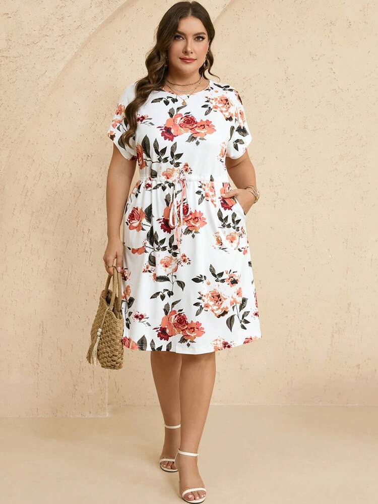 -Stylish-And-Elegant-Summer-Dress Plus Size Women's Floral Tie Waist Pocket Casual Dress, Stylish And Elegant  Summer Dress, Business Casual Women's Dress, Women's Graduation Dress,  Women's Wedding Guest Dress, Graduation Dress, Women's Work Dress,Tea Party  Dress,Sundress｜Emery