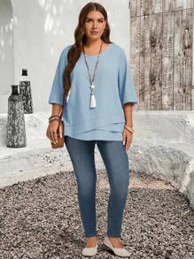 EMERY ROSE Camisas de campo azul claro con bajo asimétrico talla grande ropa de otoño - Celeste - Ver 4