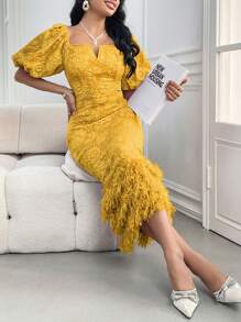 Modelyn Women's Floral Jacquard Fringe Hem Bubble Sleeve Dress Long Evening Dresses - Yellow - View 4