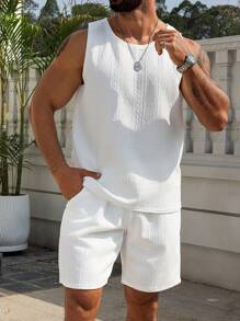 Manfinity Homme Bộ quần áo ba lỗ họa tiết thường ngày cho nam, Bộ đồ mùa hè hai mảnh cho nam, Trang phục mùa hè hai mảnh rộng rãi cho nam, Bộ đồ ngắn hai mảnh cho nam - trắng - Xem 5