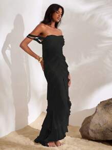 Opulessa Solid Color Knit Mesh Cropped Tank Slit Fitted Ruffle Hem Women Long Dress Holiday Outfits Summer Outfits Vacation Women Dresses Birthday - Black - View 6