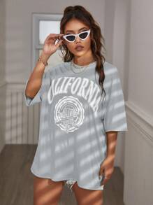 Chiquease 女士夏季宽松休闲字母印花 T 恤，圆领落肩袖图案 T 恤女上衣 - 灰色 - 查看 5