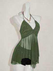 SHEIN ICON 女式不对称网眼交叉拼接吊带背心，夏季 - 軍綠色 - 查看 6