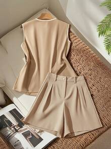 GlowEve Women's Sleeveless Solid Color Shirt, Fashionable For Summer - Khaki - View 2