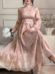 DAZY 女式优雅花卉印花高领长袖中长连衣裙，秋季 - 杏色 - 查看 5