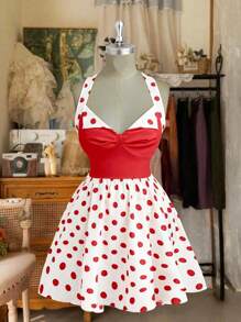 Flirla Plus Size Women Elegant Color Block Polka Dot Print Backless Halter Maxi Dress, Summer - Multicolor - View 1