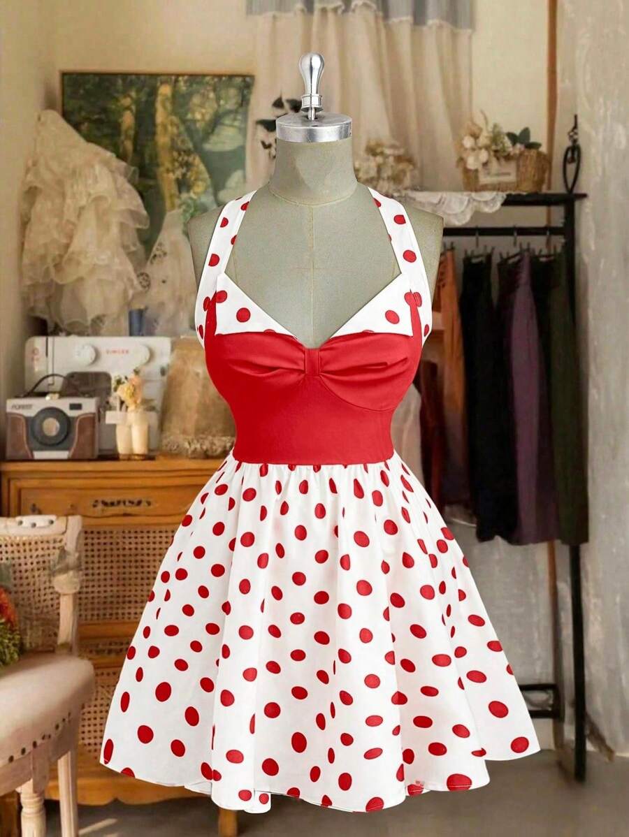 Flirla Plus Size Women Elegant Color Block Polka Dot Print Backless Halter Maxi Dress, Summer - Multicolor - View 1