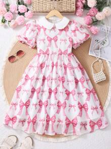 Robe à manches bouffantes style vintage pour préadolescentes, col Peter Pan, imprimé papillon en mousseline, douce - Rose bonbon - Voir 4
