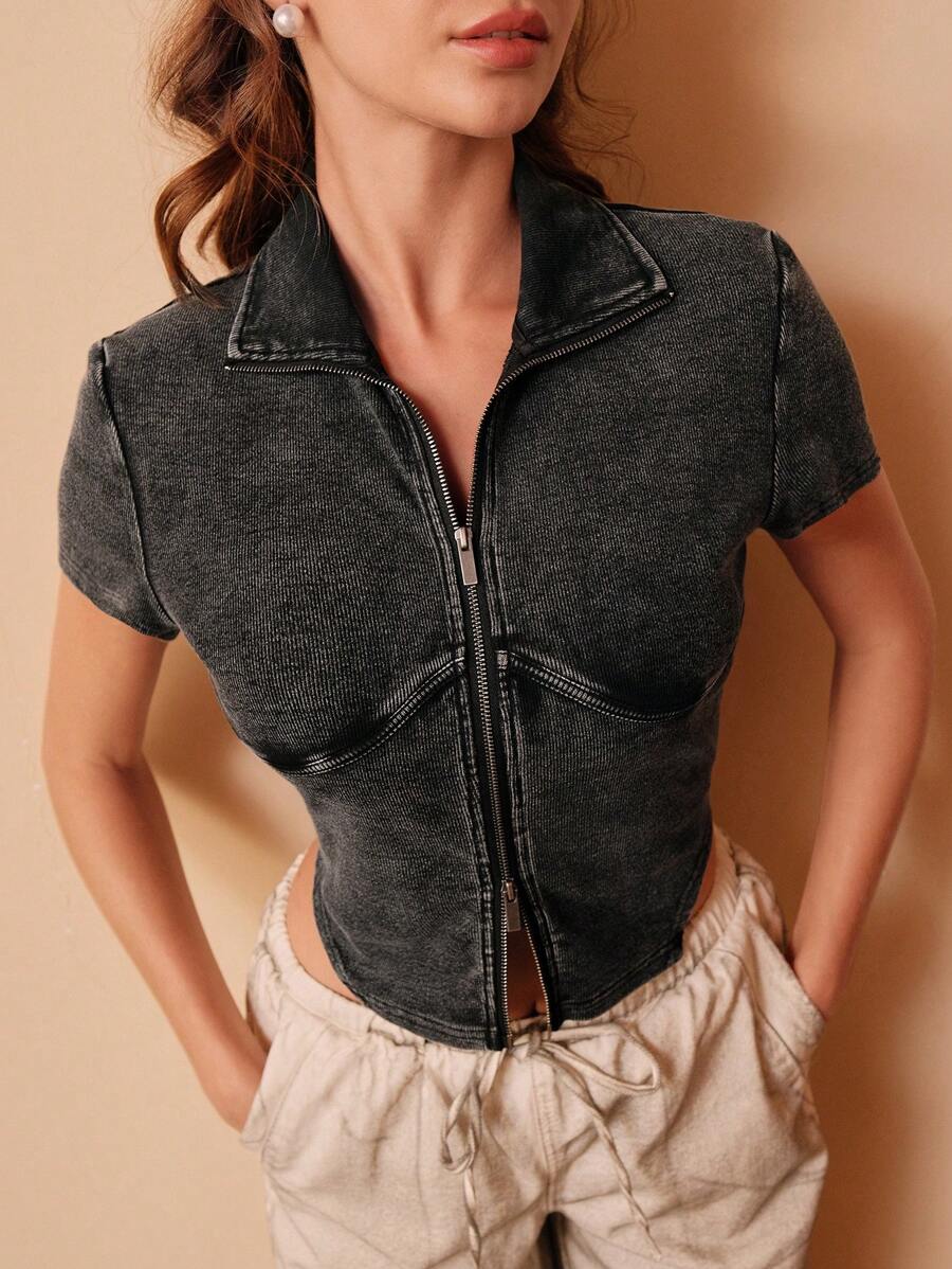SHEIN Unity US Vintage Street Style Casual Washed Faded Spliced Double Zipper Front Short Sleeve Slim Fit T-Shirt For Women, Spring/Summer - Dark Grey - View 1