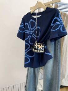 SHEIN 大码女式夏季休闲花卉印花宽松短袖T恤 - 彩色 - 查看 1