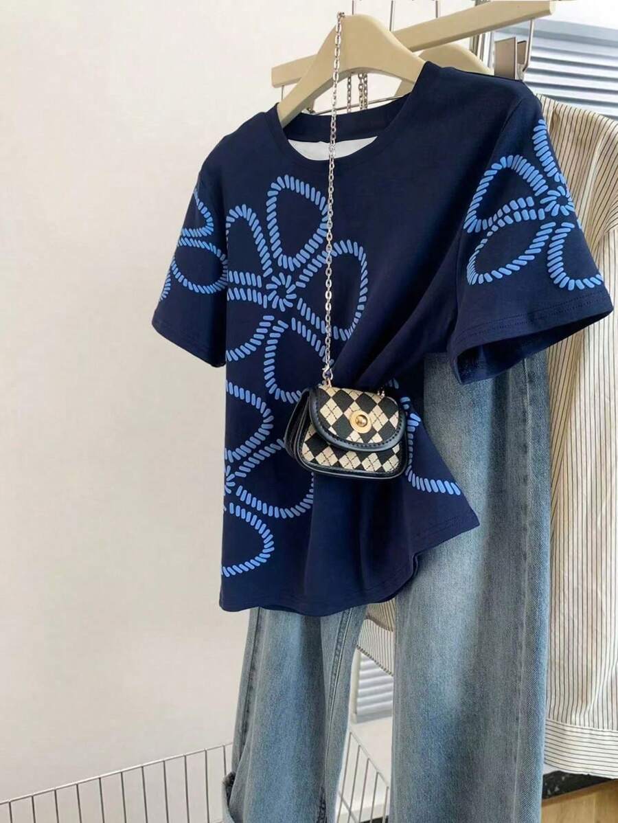 SHEIN 大码女式夏季休闲花卉印花宽松短袖T恤 - 彩色 - 查看 1