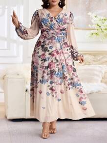 Modelyn Plus Size Women Floral Print Surplice V-Neck Lantern Sleeve Elegant Dress,Flowy Dress - Multicolor - View 1