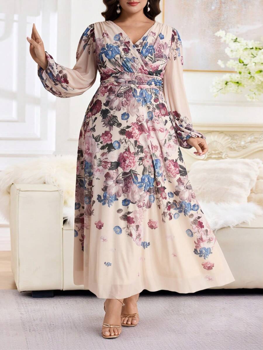 Modelyn Plus Size Women Floral Print Surplice V-Neck Lantern Sleeve Elegant Dress,Flowy Dress - Multicolor - View 1