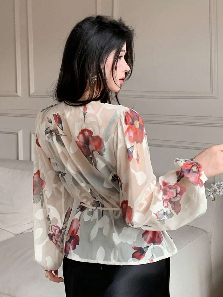 Floral Print Long Sleeve Wrap Front Tie Waist Lantern Sleeve Elegant Summer Vacation Women Blouse Shirt