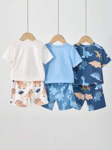 6 pièces/set Pyjamas ou tenue décontractée d'été pour bambin garçon, incluant un t-shirt à manches courtes à col rond confortable avec imprimé mignon de dinosaure et un short