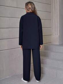 SHEIN Unity 2pcs Women's Solid Color Long Sleeve Button-Up Shirt And Pants Set Fall Cloth For Women - Navy Blue - View 2