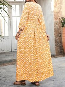 EMERY ROSE Đầm tay đèn lồng họa tiết hình học thanh lịch cho nữ đi nghỉ - Màu vàng - Xem 2