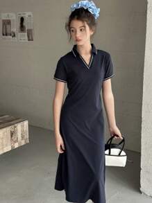 Hapijoa 少女条纹领短袖休闲连衣裙，女孩夏季服装，返校服装 - 藏蓝色 - 查看 3