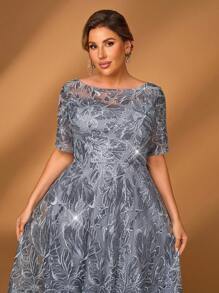 Serin Large Size Elegant Romantic Gorgeous Gray Blue Sequin Embroidery Round Neck Three-Quarter Sleeves A-Line Hem Medium Long Suitable For Dinner Bachelorette Party Date Dance Holiday Music Festival Wedding Event Evening Dress Bride Mother Dress Tea Party Dress