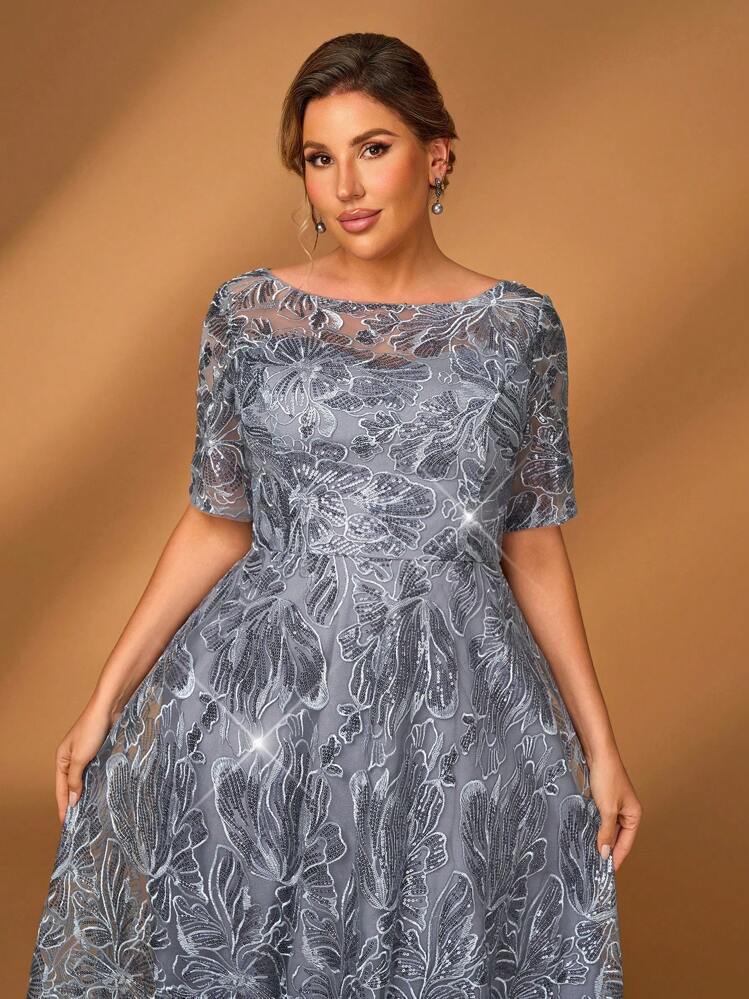 Serin Elegantes, romantisches, üppiges graues Paillettenkleid mit Stickerei, rundem Ausschnitt, Dreiviertelärmeln, A-Linie-Saum, mittellang, geeignet für Abendessen, Junggesellinnenabschied, Date, Tanz, Urlaub, Musikfestival, Hochzeit, Abendveranstaltung, Brautmutterkleid, Teeparty-Kleid, Valentinstag - marineblau - Übersicht 7