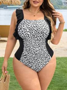 SHEIN CURVE+ Plus Size Women's Summer Leopard Patchwork Solid Fabric Ruffle Strap Tummy Control One-Piece Swimsuit - Multicolor - View 1