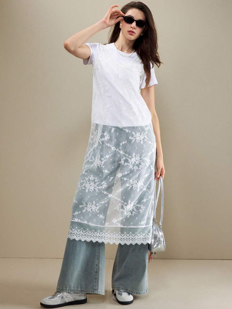 Muvela Women Floral Lace V-Neck Sleeveless Mid-Calf Dress