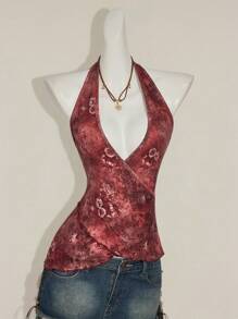 SHEIN ICON 女式复古印花深 V 领挂脖背心 - 酒紅色 - 查看 6